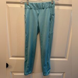 Ovation Girls Riding tights. Aqua/Turquoise. Size Kids L 12. Silicone knee patch